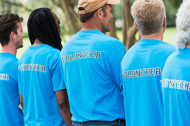 Rear view of multi-ethnic group of men standing in the park, with VOLUNTEER printed on the backs of their t-shirts.  Mixed ages, 20s to 70s.